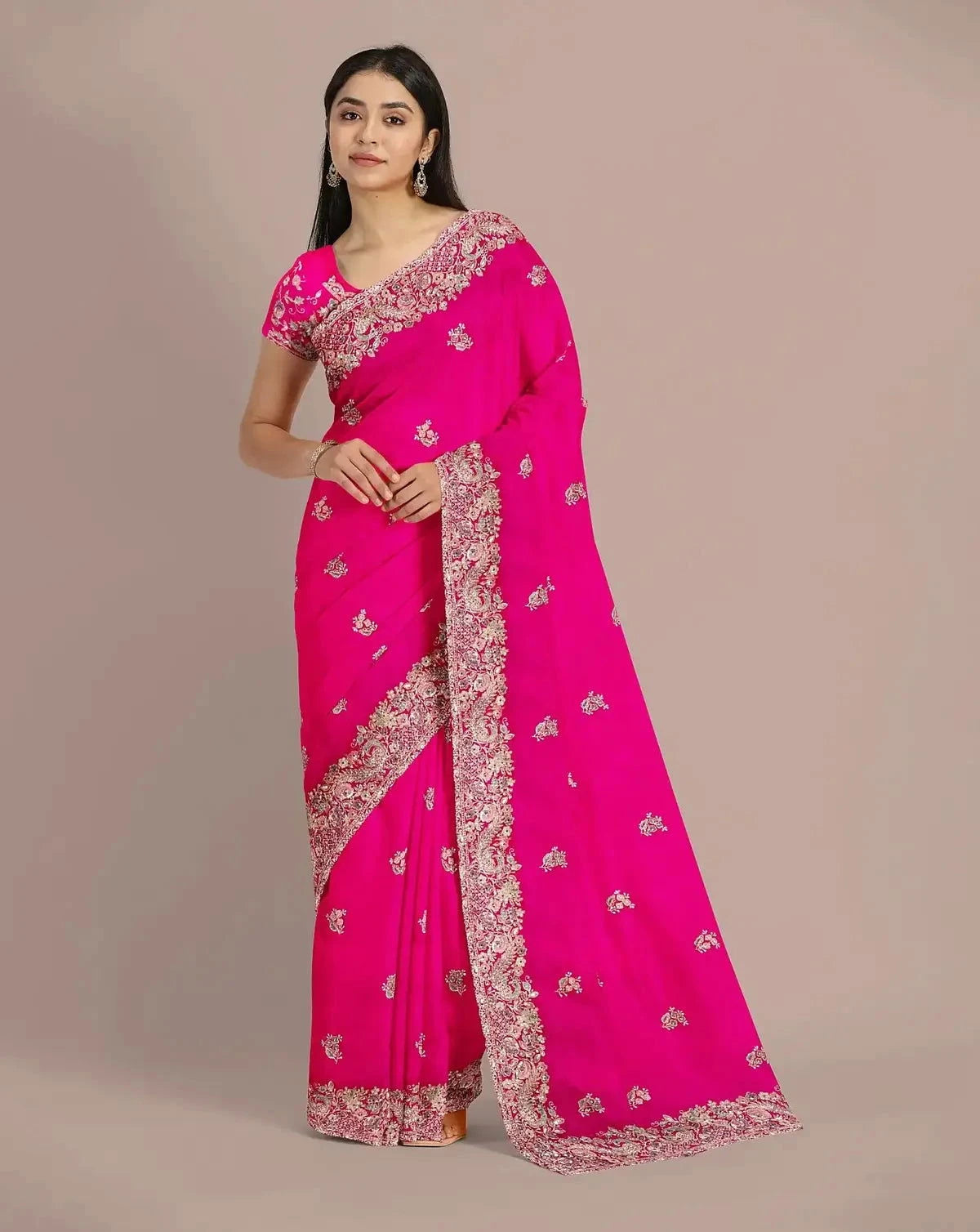 Hot Pink Organza Saree - Pallodstore