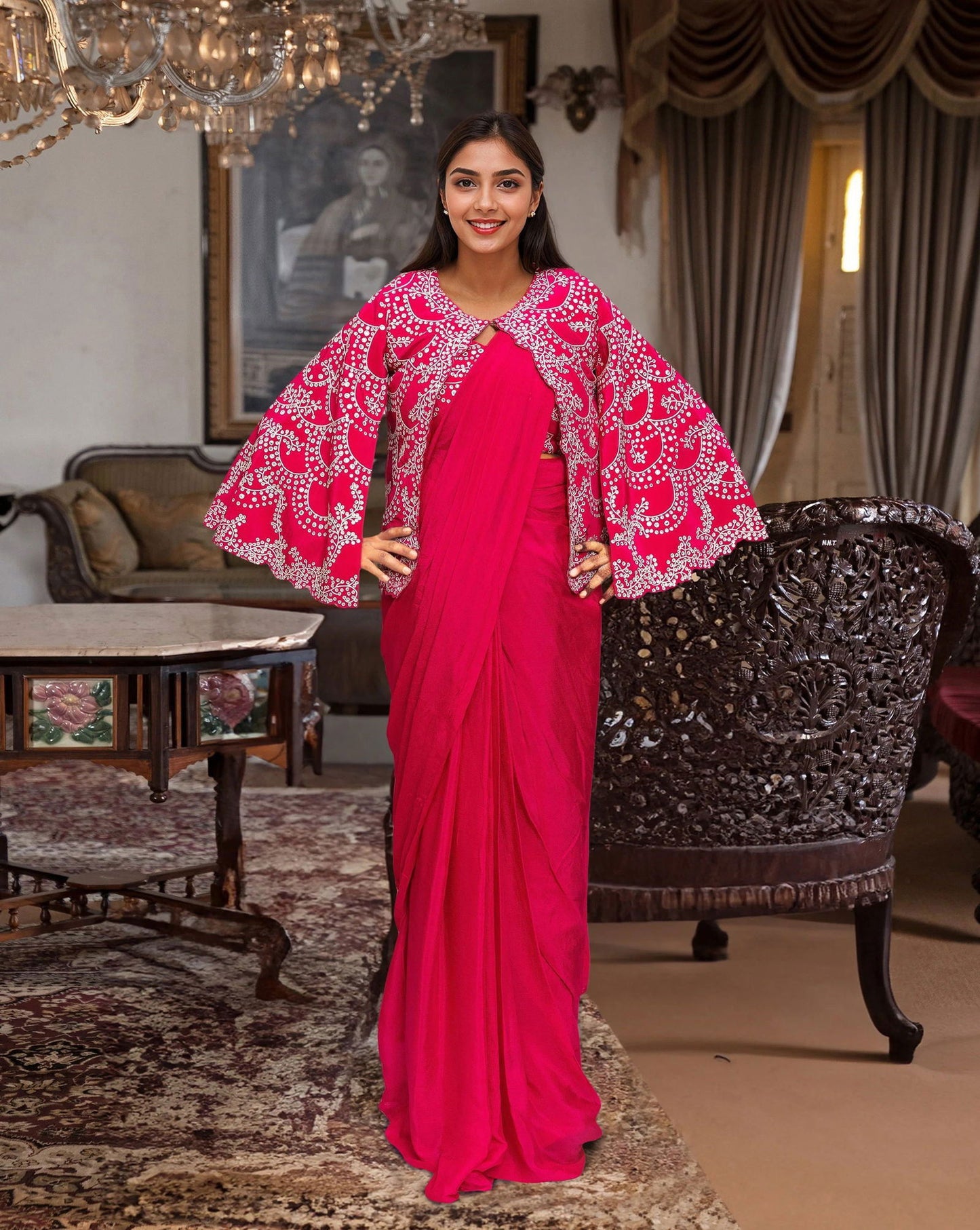 Hot Pink Pre- drape Saree - Pallodstore