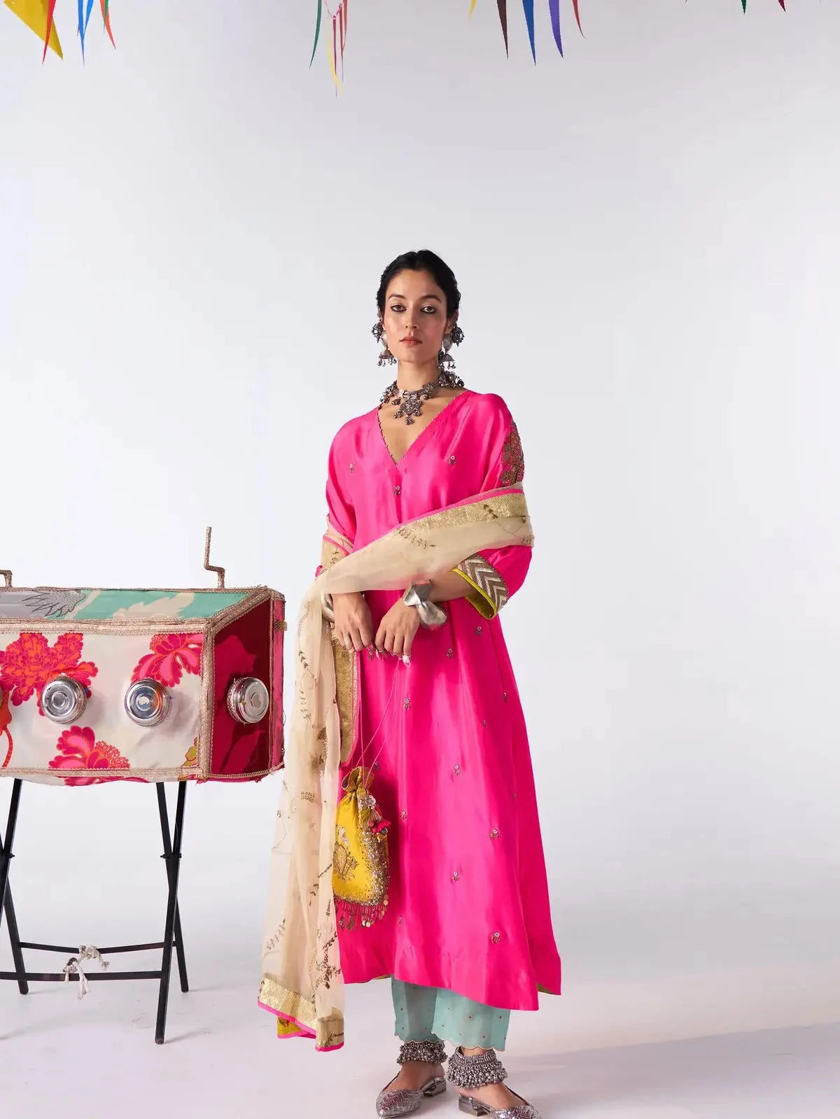 Hot Pink Silk Booti Kaftan Kurta Set - Pallodstore