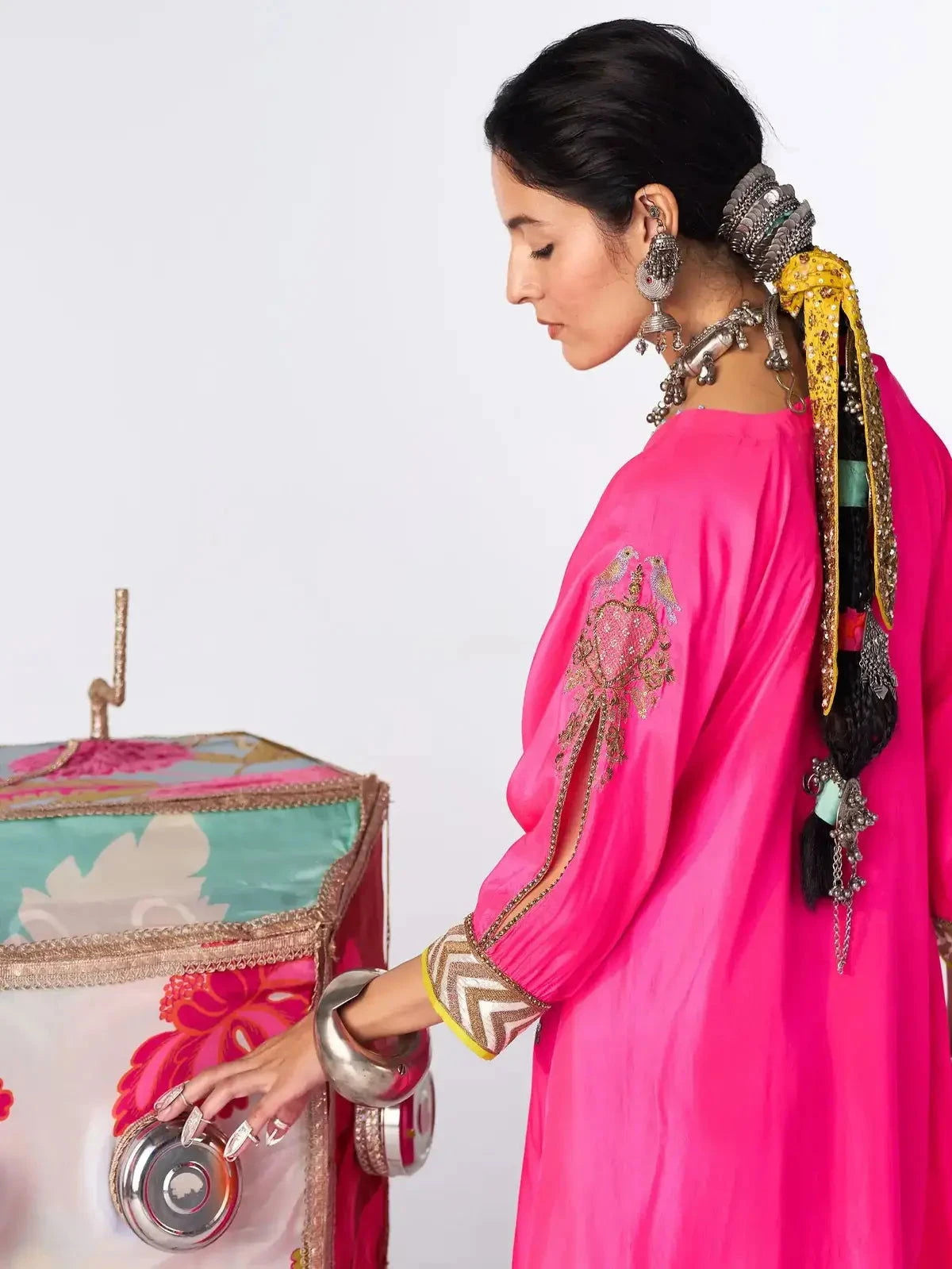 Hot Pink Silk Booti Kaftan Kurta Set - Pallodstore