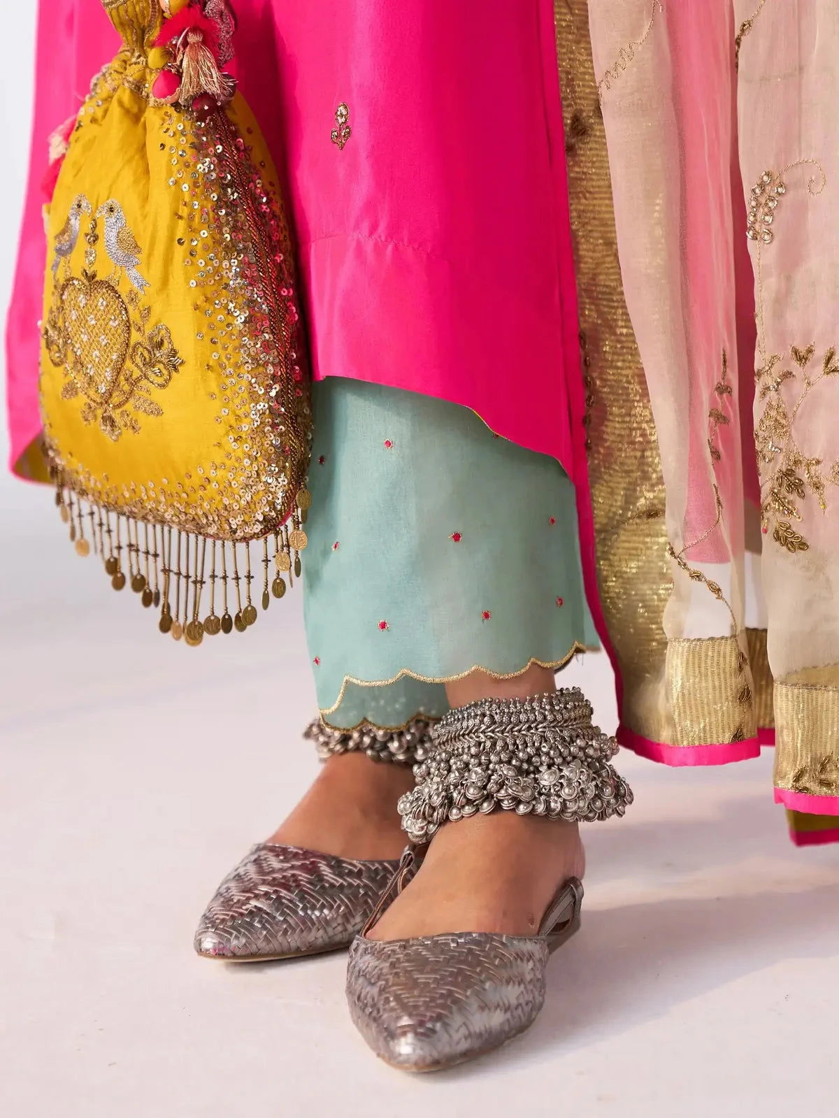Hot Pink Silk Booti Kaftan Kurta Set - Pallodstore