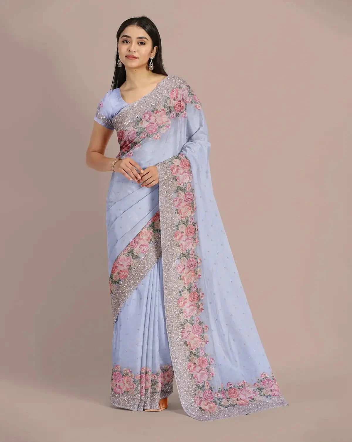 Ice Blue Organza Saree - Pallodstore