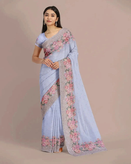 Ice Blue Organza Saree - Pallodstore