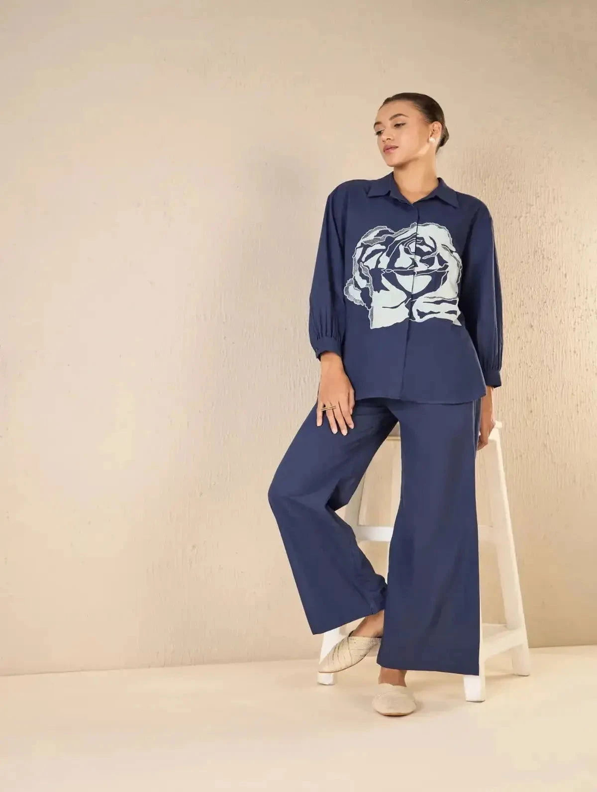 Indigo Oversize Cotton Shirt CO-Ord Set - Pallodstore