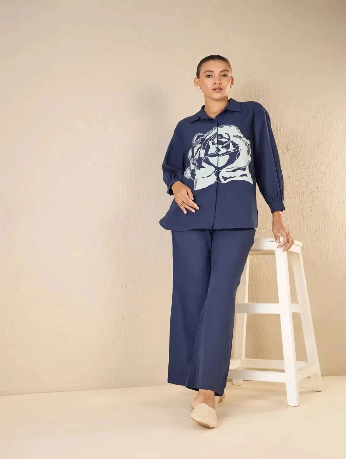 Indigo Oversize Cotton Shirt CO-Ord Set - Pallodstore