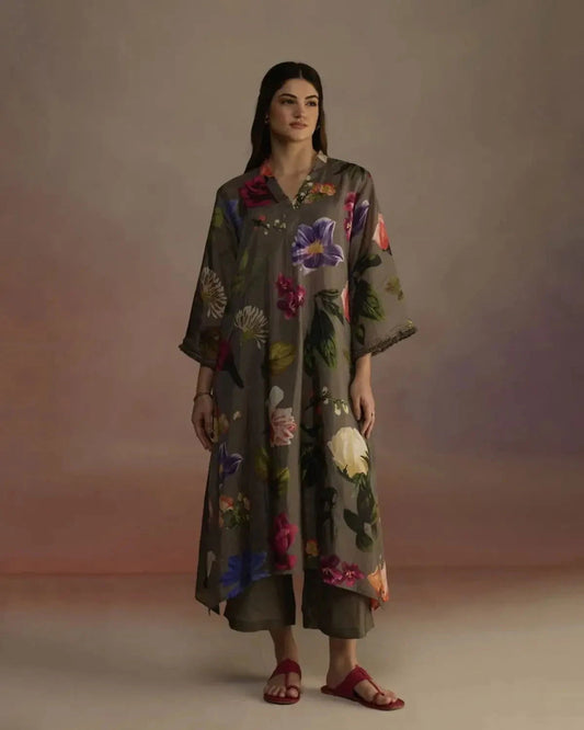 Iris Long Olive Kurta - Pallodstore