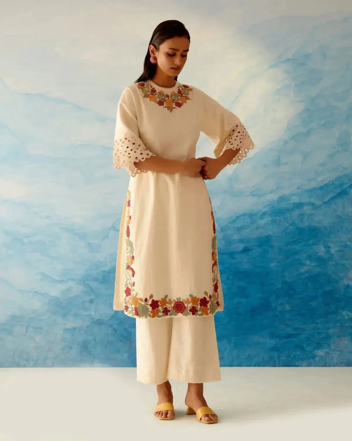 Ivory Beadwork Kurta With Fringed Pants - Pallodstore