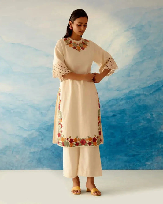 Ivory Beadwork Kurta With Fringed Pants - Pallodstore