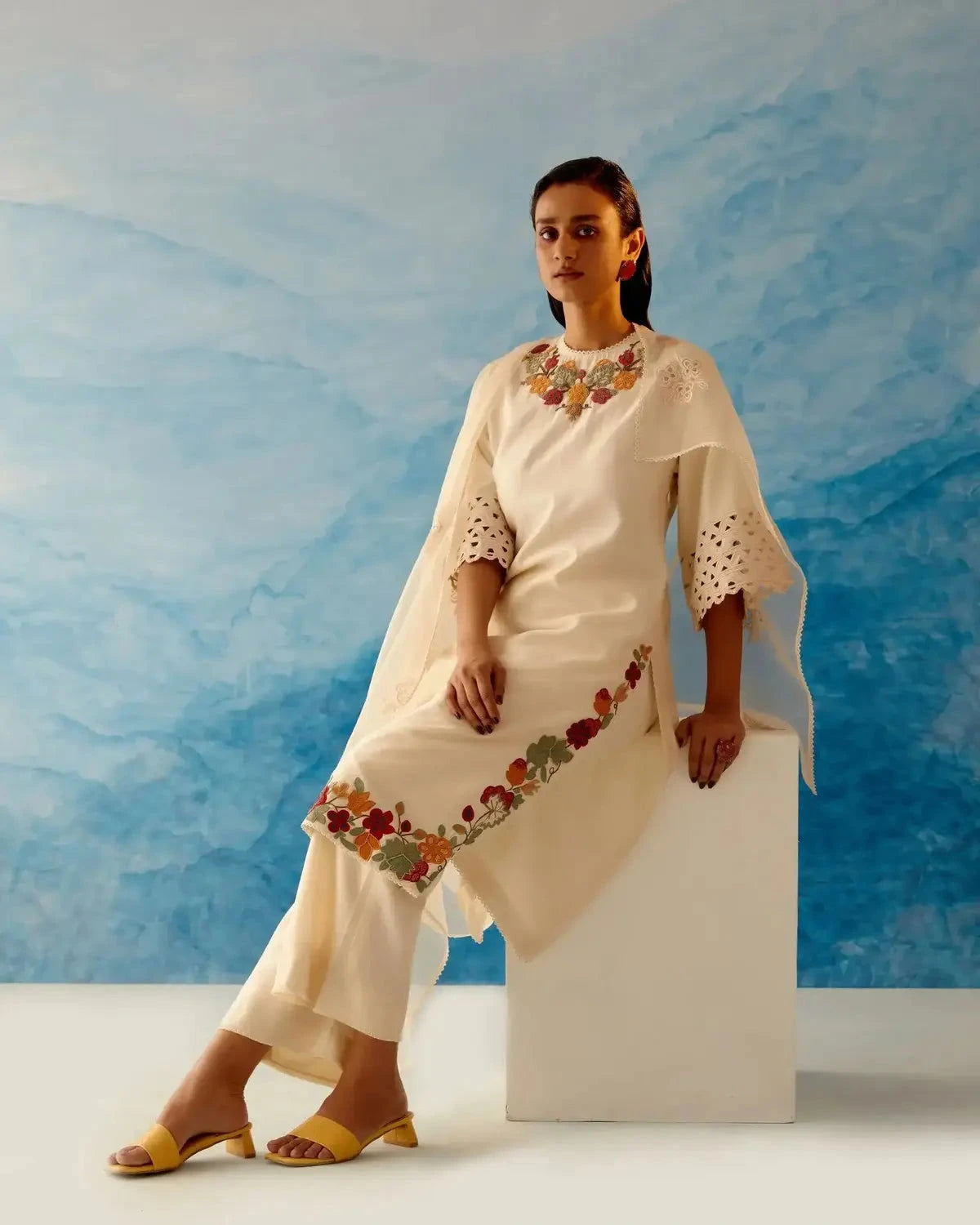 Ivory Beadwork Kurta With Fringed Pants - Pallodstore