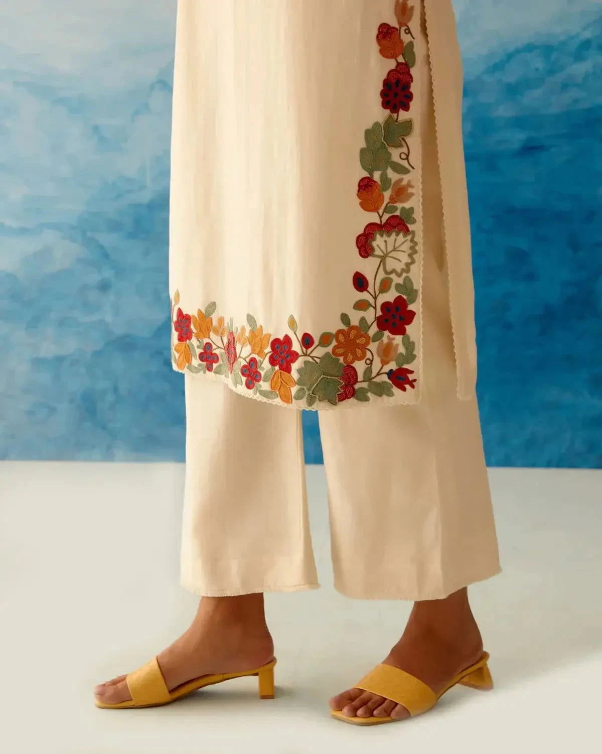Ivory Beadwork Kurta With Fringed Pants - Pallodstore