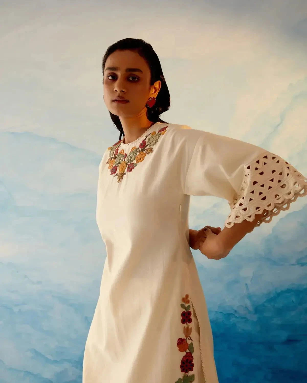 Ivory Beadwork Kurta With Fringed Pants - Pallodstore
