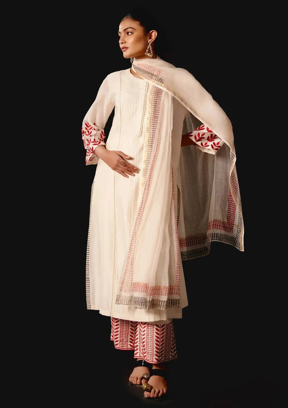 Ivory Chanderi Embroidered Kurta Set - Pallodstore