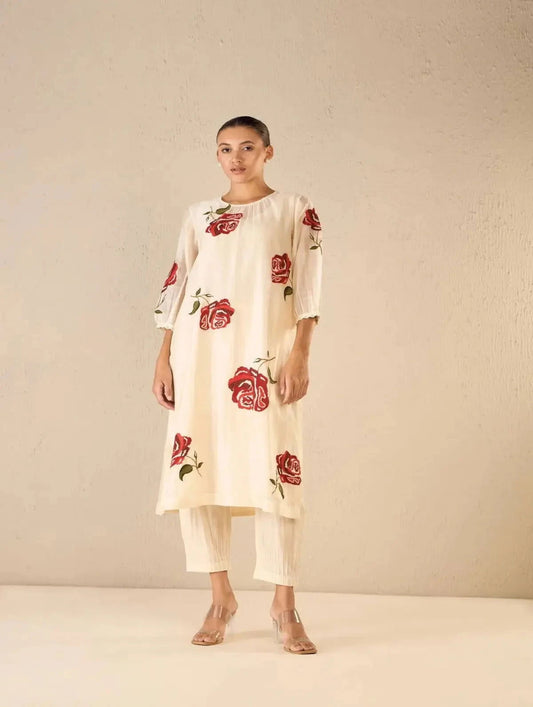 Ivory Chanderi Red Embroidery Rose Kurta With Ivory Pintuck Pants - Pallodstore