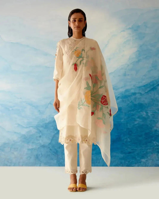 Ivory Cutwork Kurta With Narrow Pants - Pallodstore