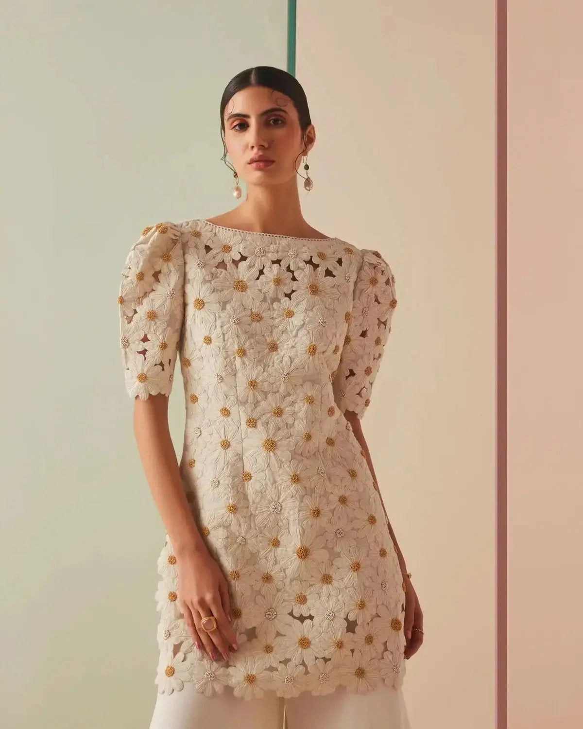 Ivory Daisy Applique Kurta with Flared Sharara Pants - Pallodstore