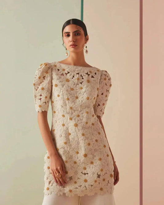 Ivory Daisy Applique Kurta with Flared Sharara Pants - Pallodstore