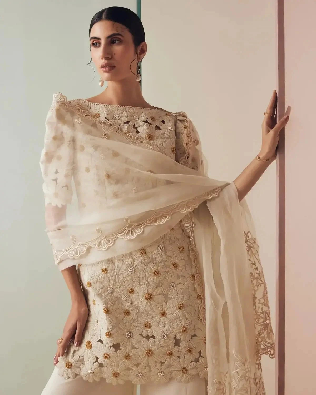 Ivory Daisy Applique Kurta with Flared Sharara Pants - Pallodstore