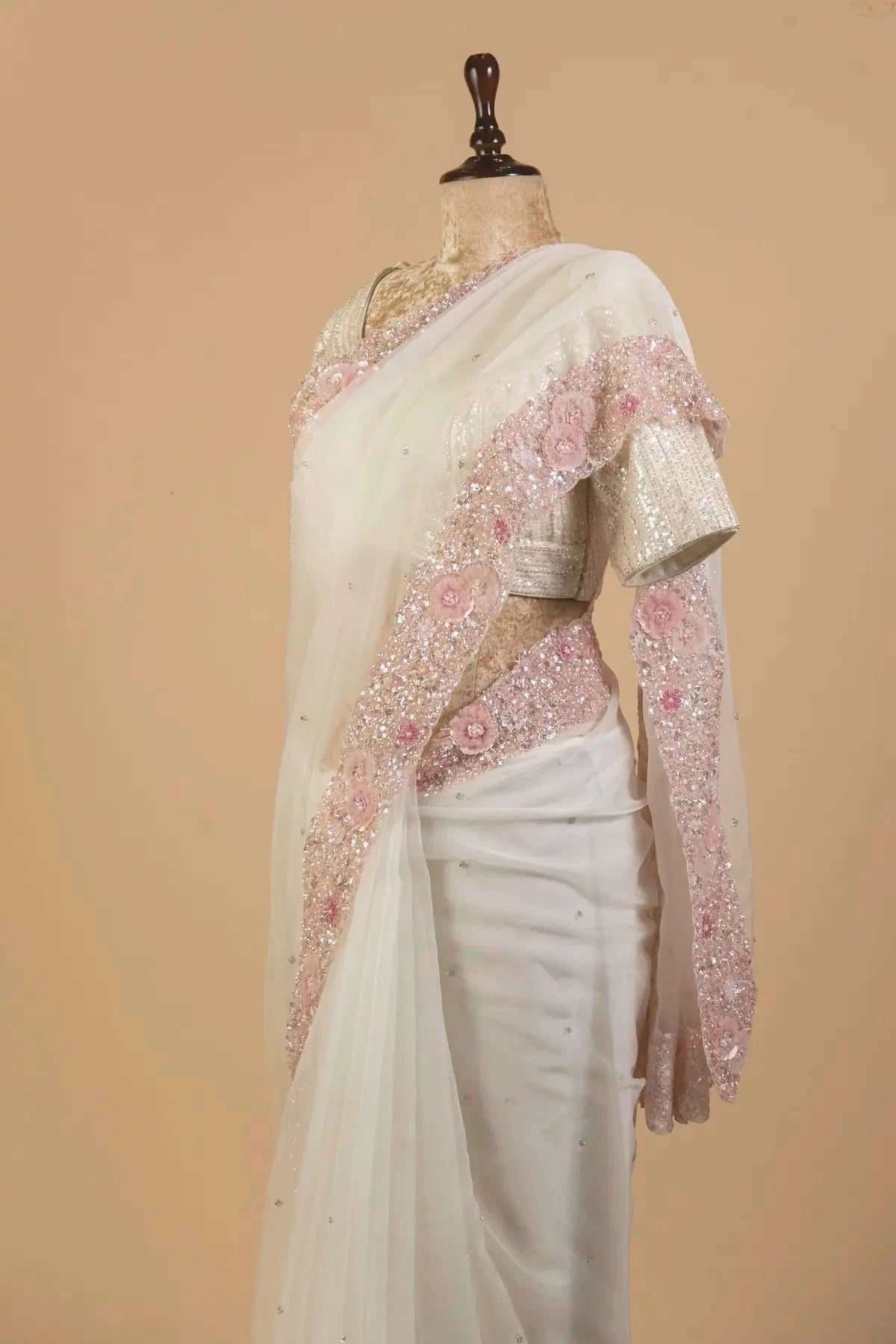 Ivory Embroidered Organza Saree - Pallodstore