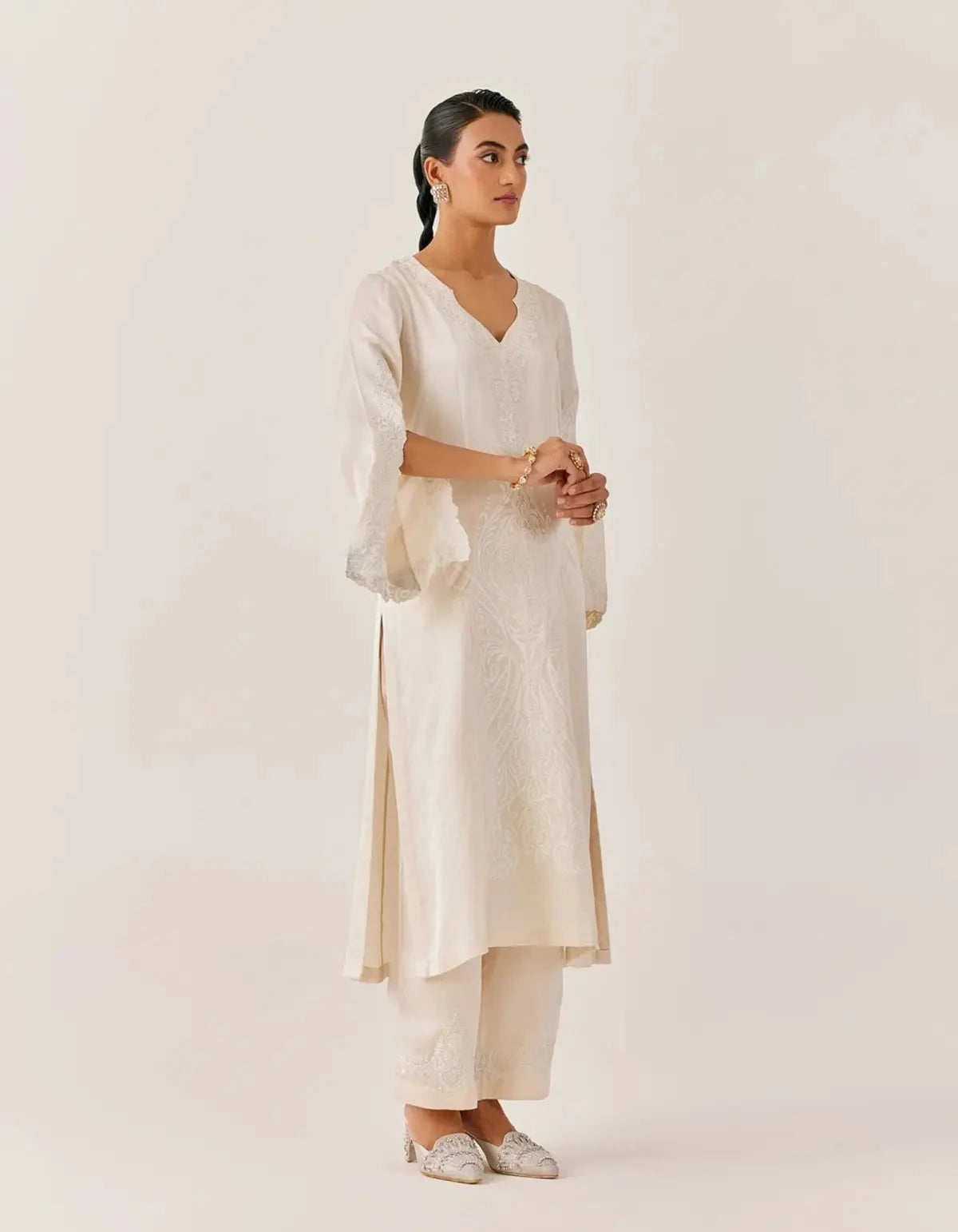 Ivory Embroidered Satin Dori Kurta Set - Pallodstore