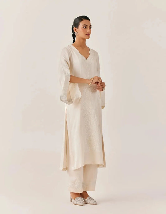 Ivory Embroidered Satin Dori Kurta Set - Pallodstore