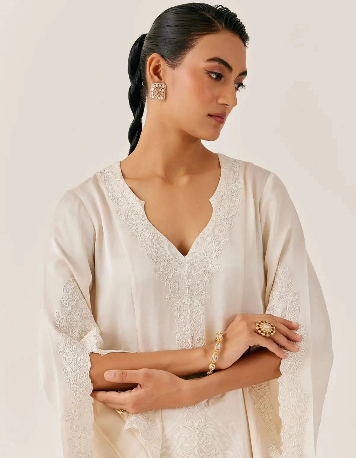 Ivory Embroidered Satin Dori Kurta Set - Pallodstore