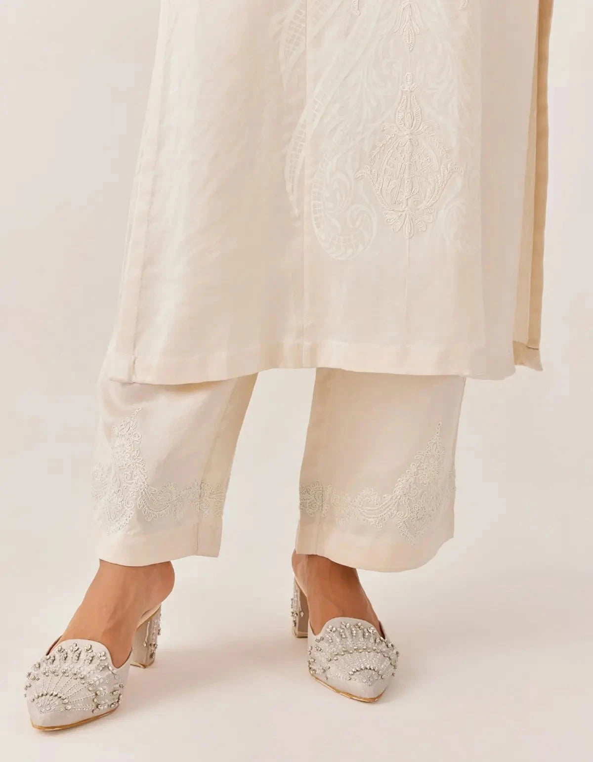 Ivory Embroidered Satin Dori Kurta Set - Pallodstore