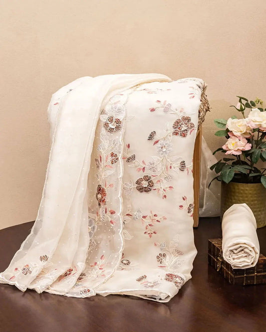 Ivory Embroidery Organza Unstitched Dress Material - Pallodstore