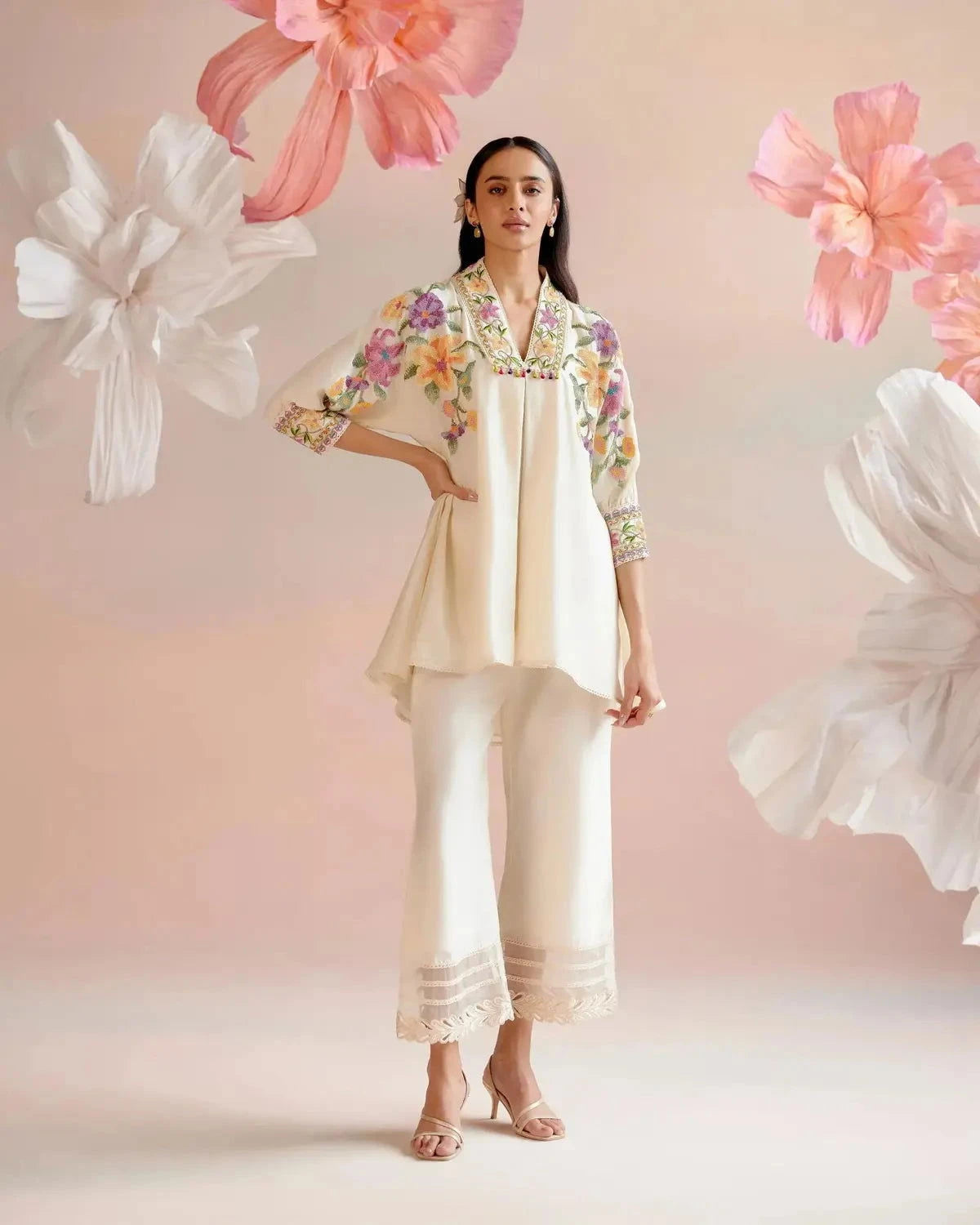 Ivory Floral Beadwork Kimono Tunic with Ivory Cutwork Pants - Pallodstore