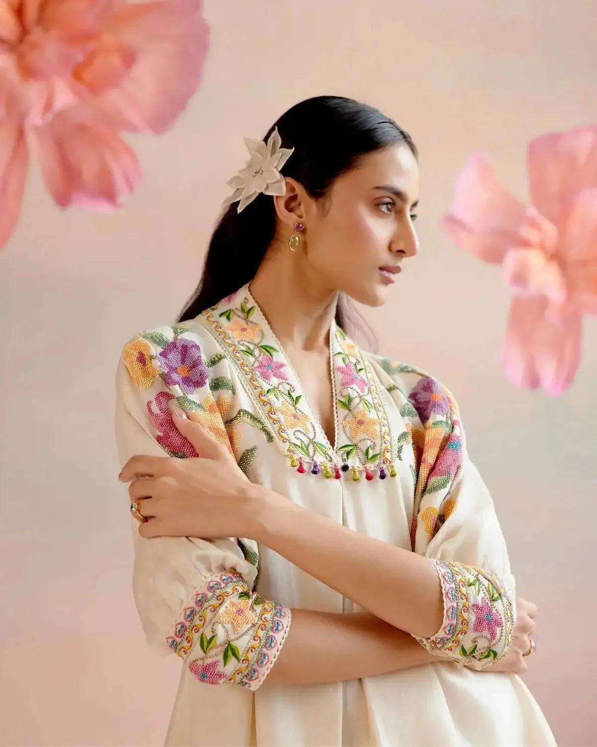 Ivory Floral Beadwork Kimono Tunic with Ivory Cutwork Pants - Pallodstore