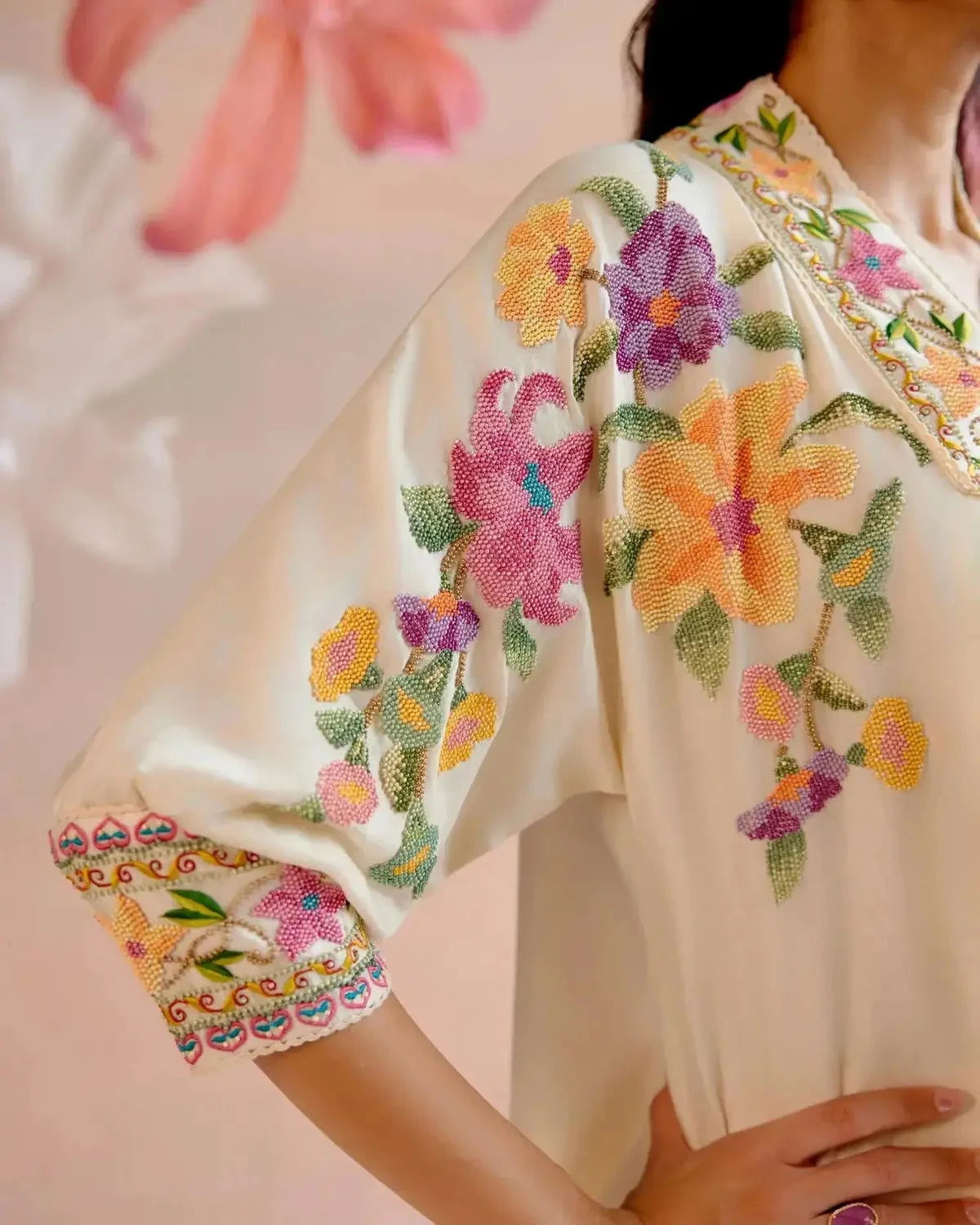 Ivory Floral Beadwork Kimono Tunic with Ivory Cutwork Pants - Pallodstore