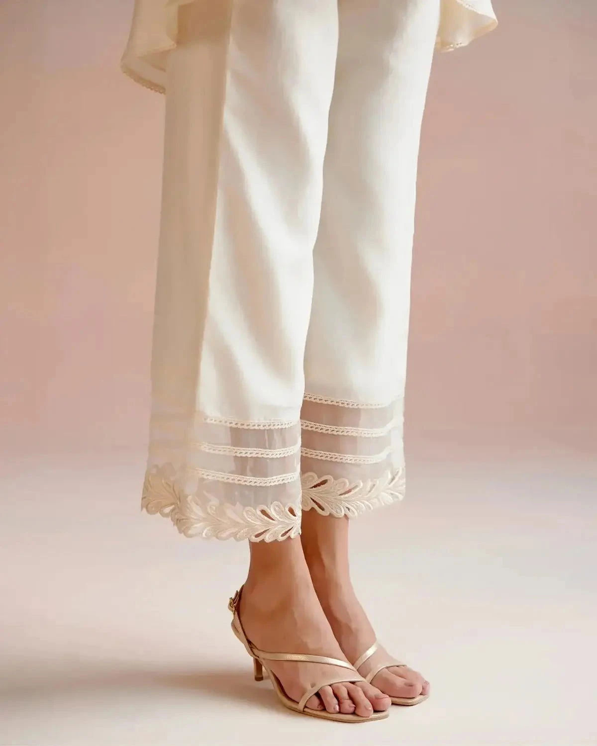 Ivory Floral Beadwork Kimono Tunic with Ivory Cutwork Pants - Pallodstore