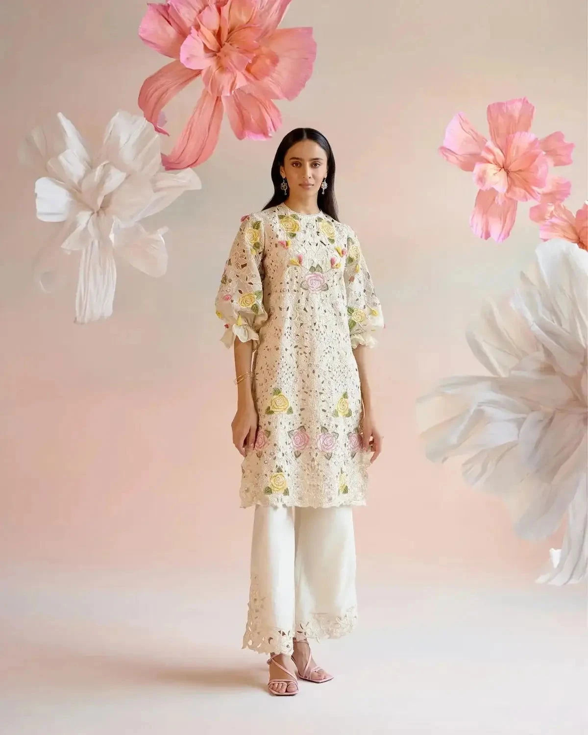 Ivory Floral Cutwork And Beadwork Kurta With Cutwork Bell Bottom Pants - Pallodstore
