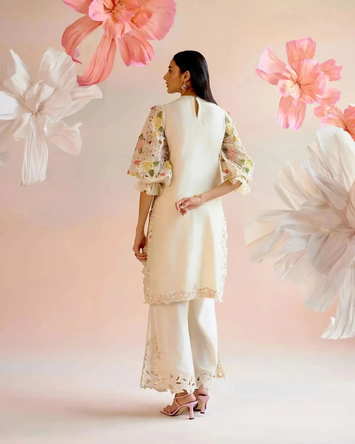 Ivory Floral Cutwork And Beadwork Kurta With Cutwork Bell Bottom Pants - Pallodstore