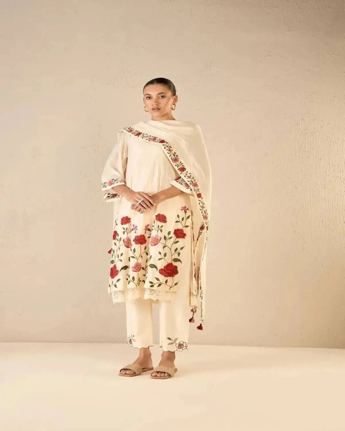 Ivory Floral Embroidery Jaal Kurta Set With Floral Border Dupatta - Pallodstore
