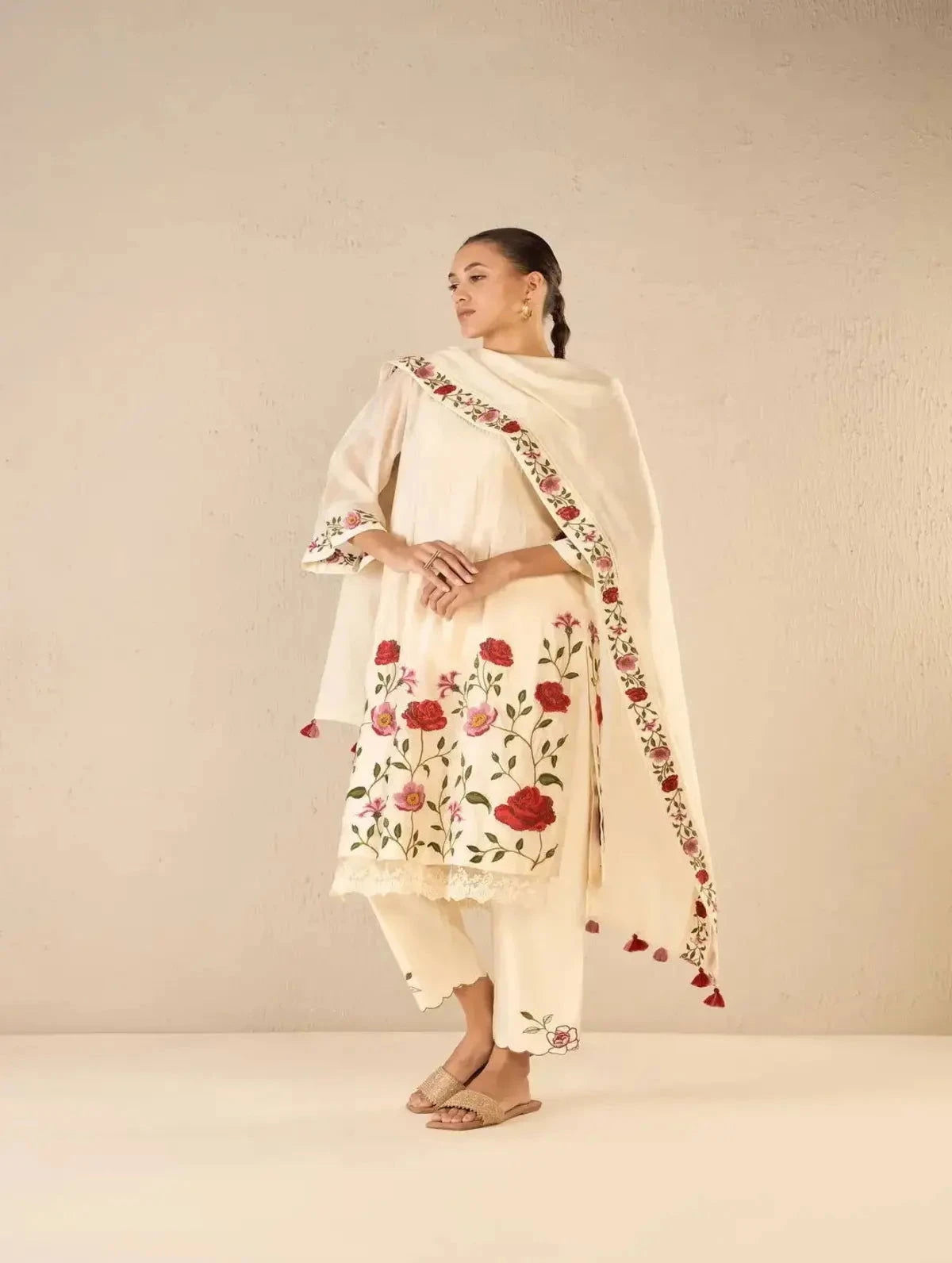 Ivory Floral Embroidery Jaal Kurta Set With Floral Border Dupatta - Pallodstore