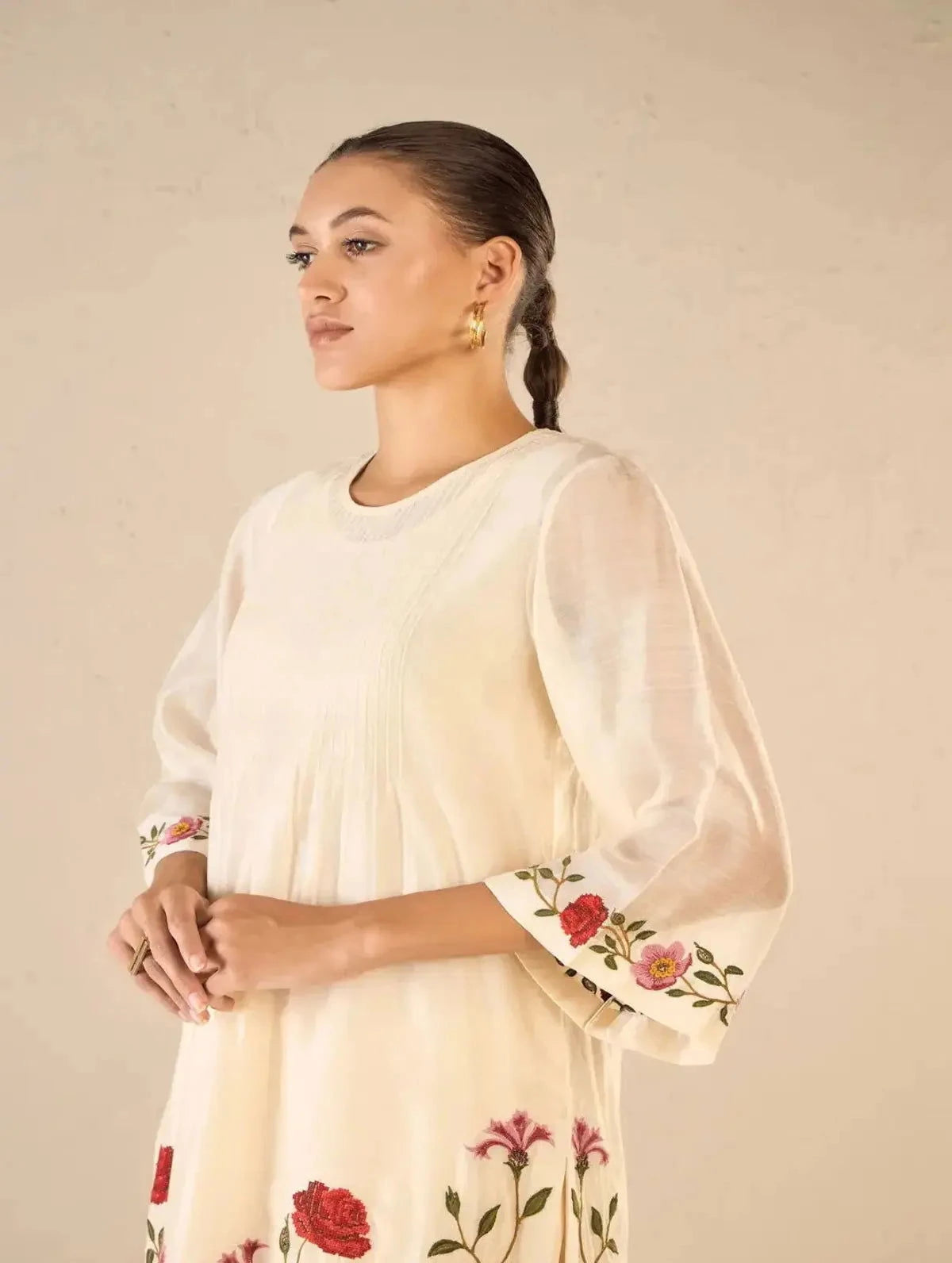 Ivory Floral Embroidery Jaal Kurta Set With Floral Border Dupatta - Pallodstore