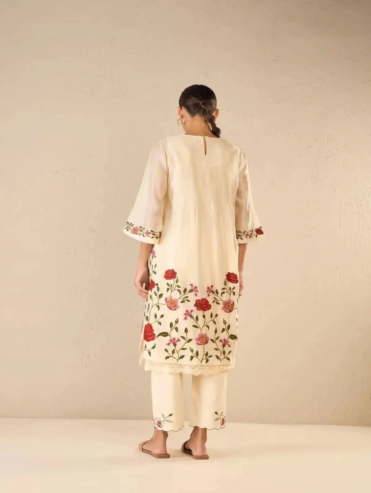 Ivory Floral Embroidery Jaal Kurta Set With Floral Border Dupatta - Pallodstore