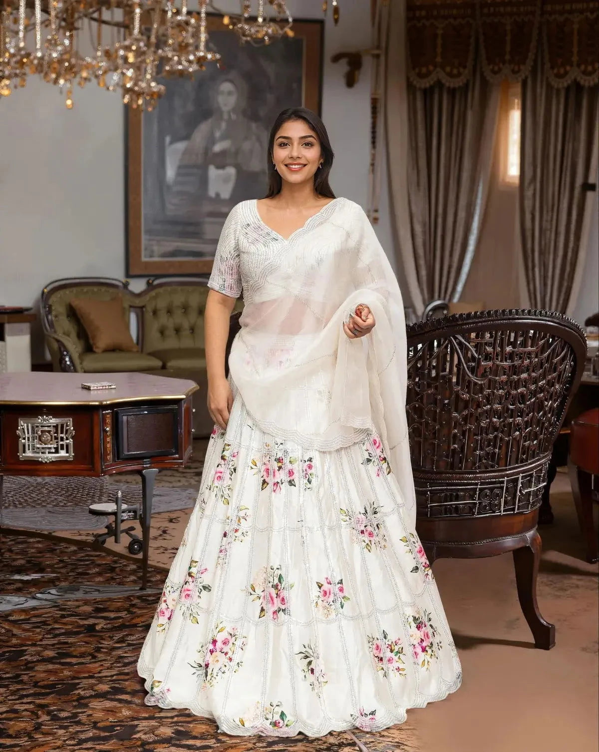Ivory Floral Lehenga - Pallodstore