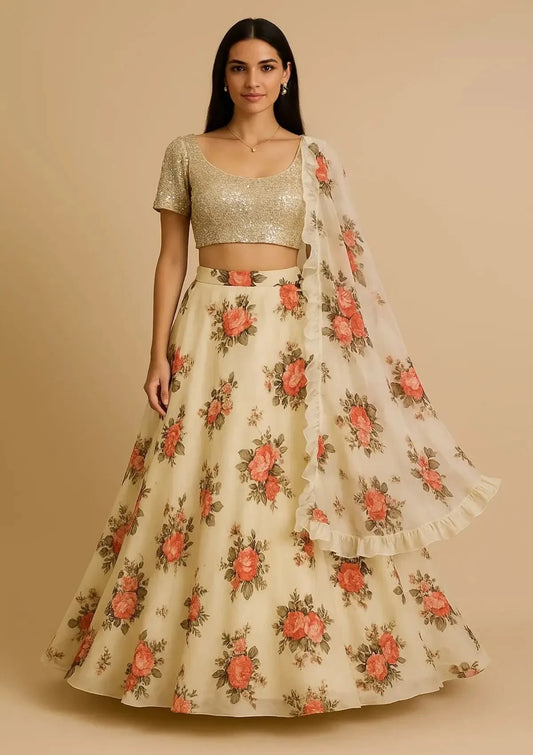Ivory Floral Printed Lehenga - Pallodstore