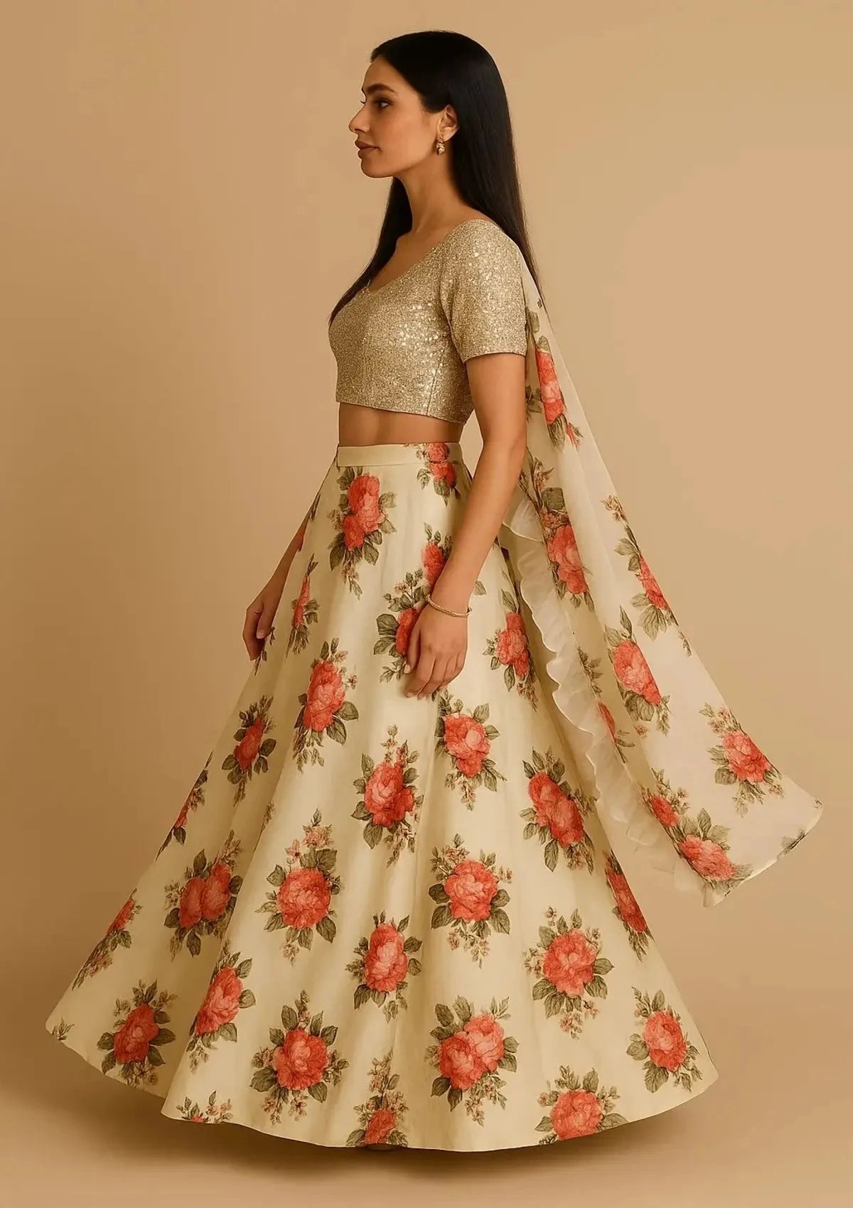 Ivory Floral Printed Lehenga - Pallodstore