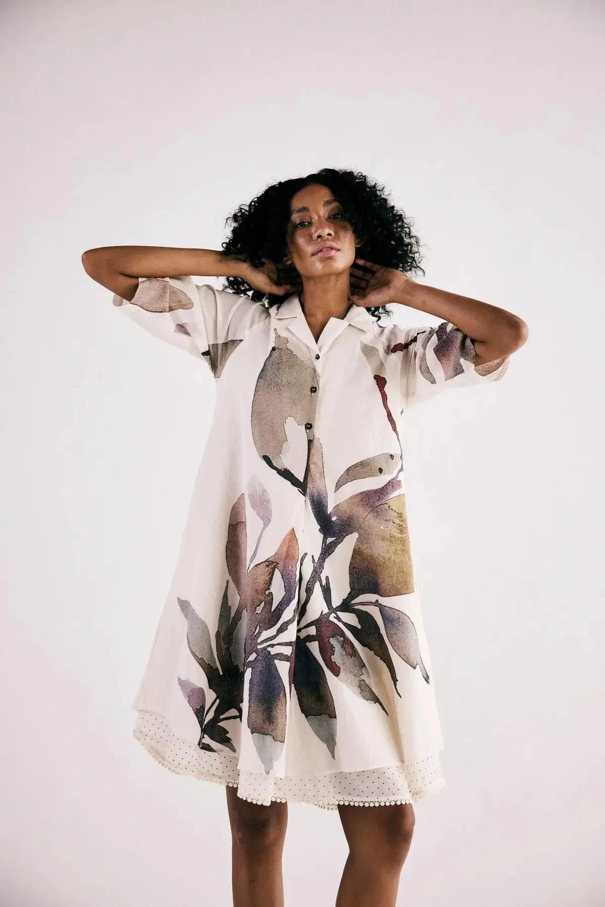 Ivory Floral art Print Mul Shirt Dress - Pallodstore