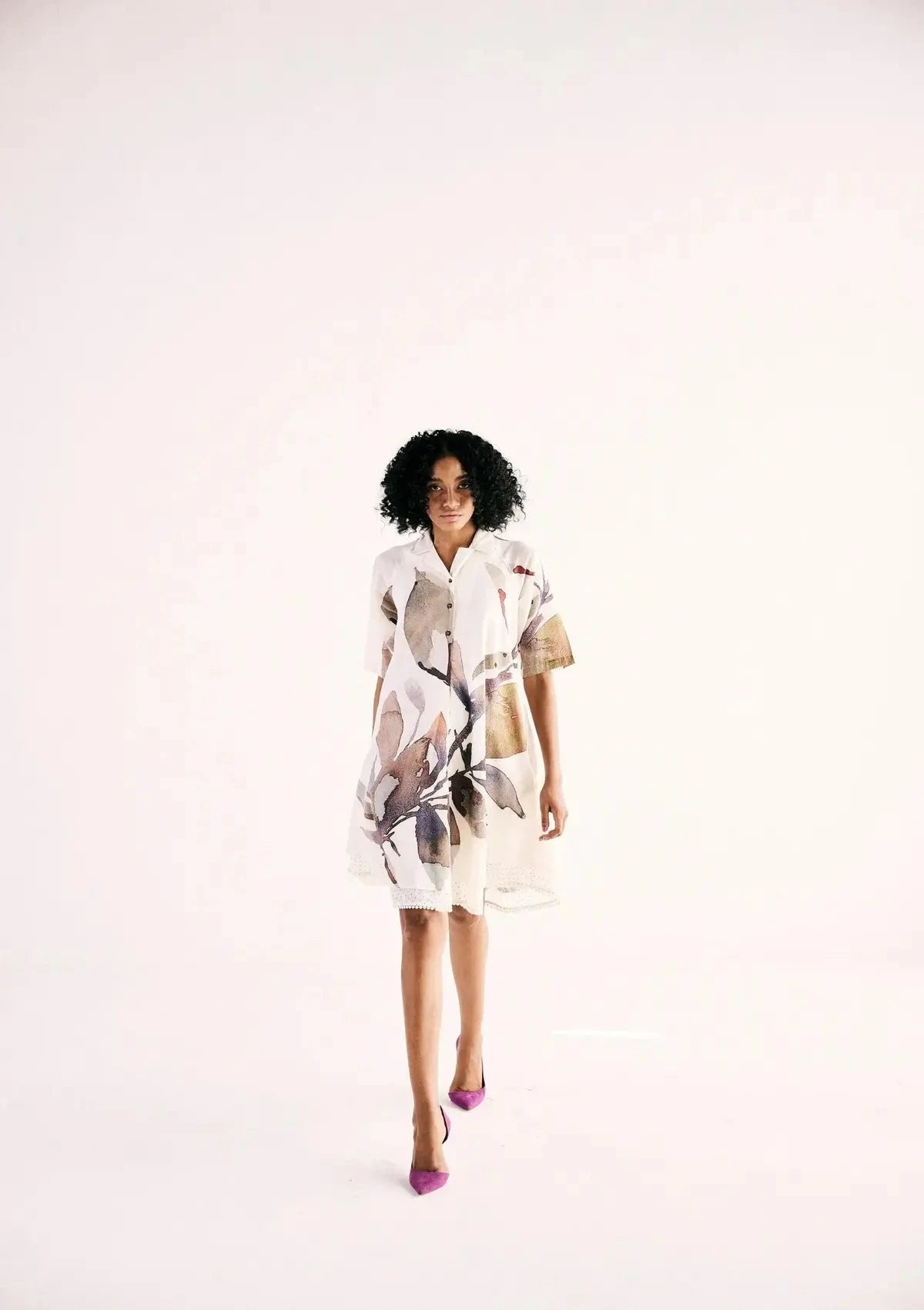 Ivory Floral art Print Mul Shirt Dress - Pallodstore