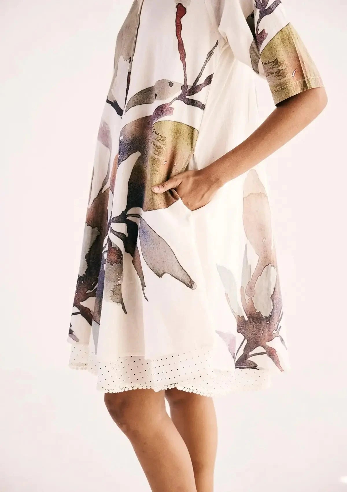 Ivory Floral art Print Mul Shirt Dress - Pallodstore