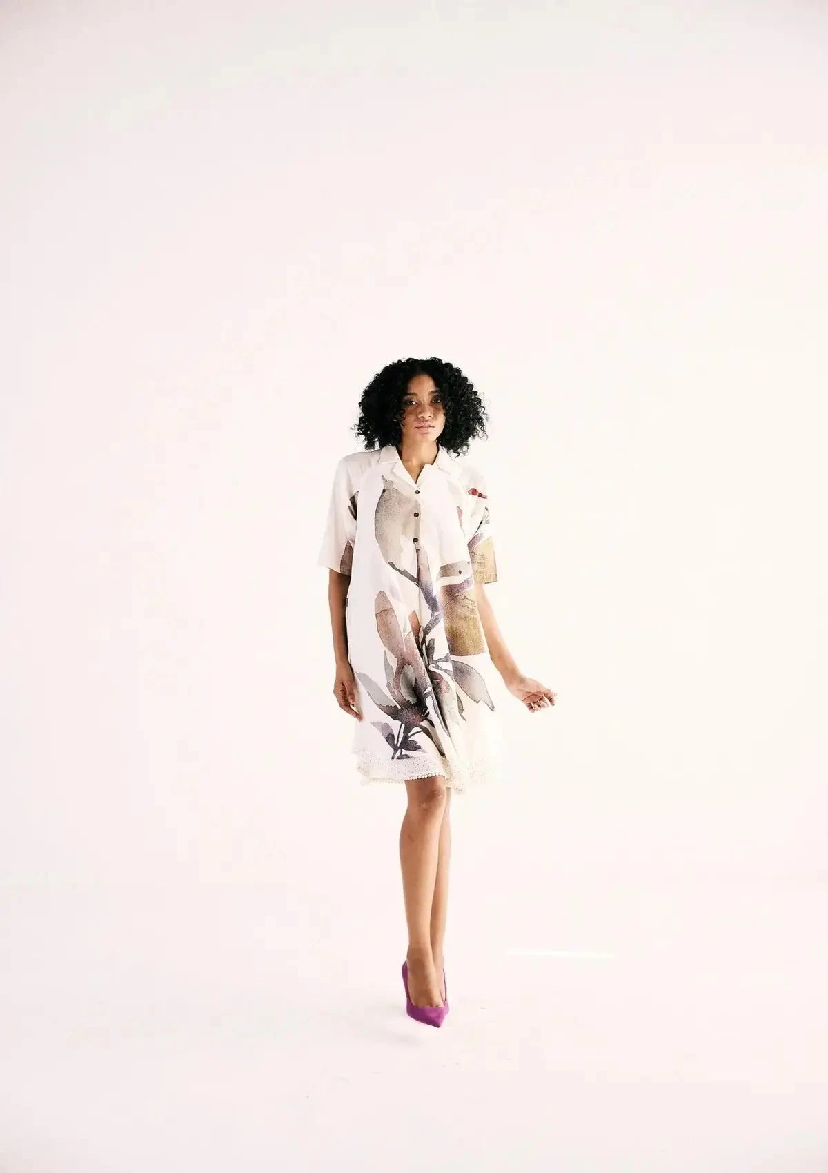 Ivory Floral art Print Mul Shirt Dress - Pallodstore