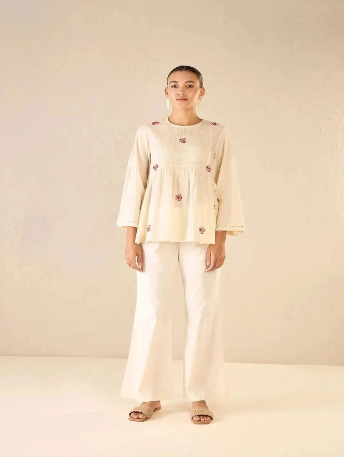 Ivory Handloom Cotton Pintuck Tunic CO-Ord Set - Pallodstore