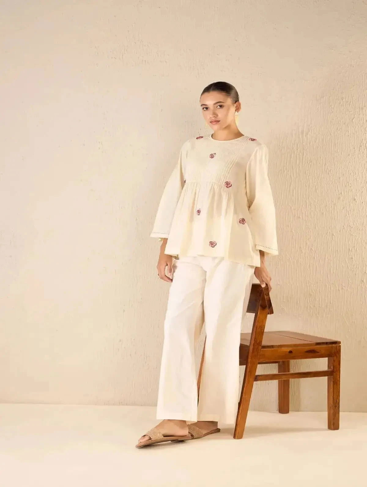 Ivory Handloom Cotton Pintuck Tunic CO-Ord Set - Pallodstore