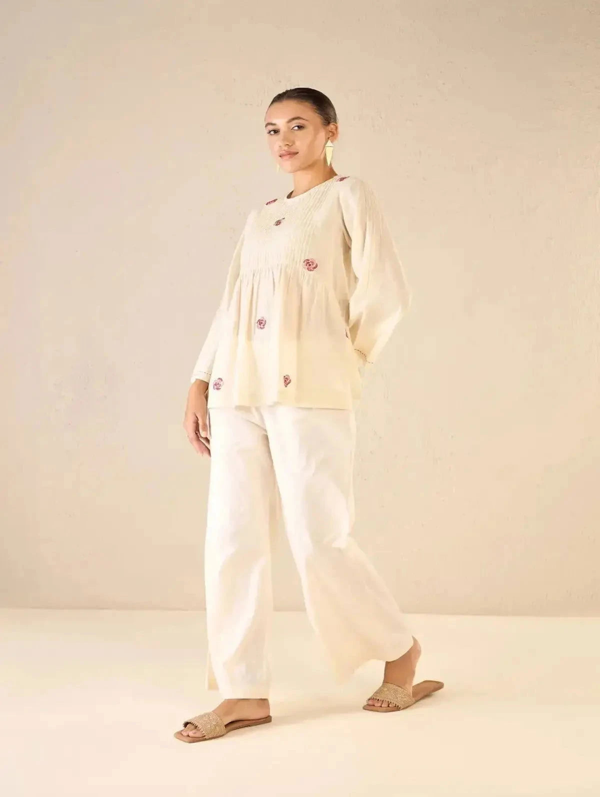 Ivory Handloom Cotton Pintuck Tunic CO-Ord Set - Pallodstore