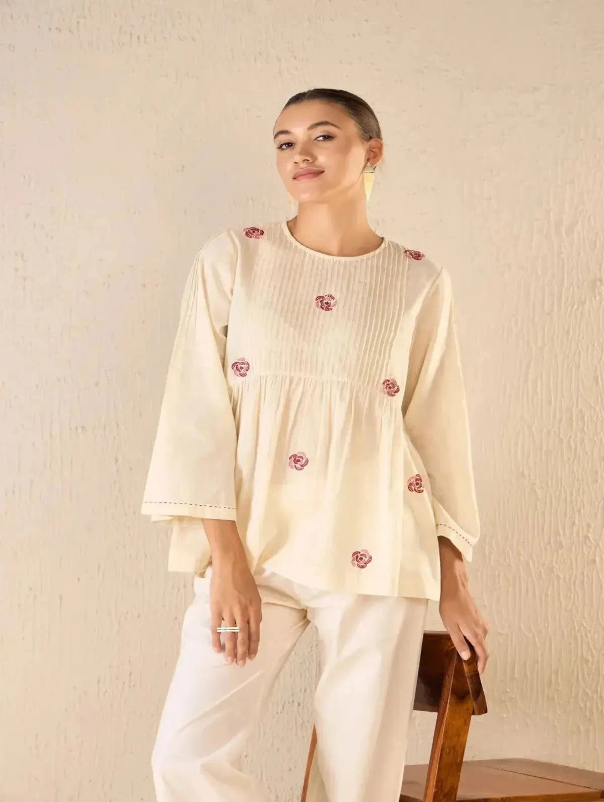 Ivory Handloom Cotton Pintuck Tunic CO-Ord Set - Pallodstore