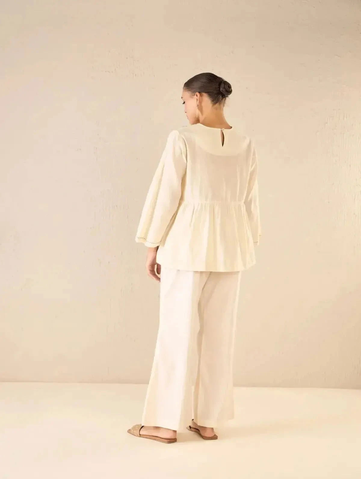 Ivory Handloom Cotton Pintuck Tunic CO-Ord Set - Pallodstore