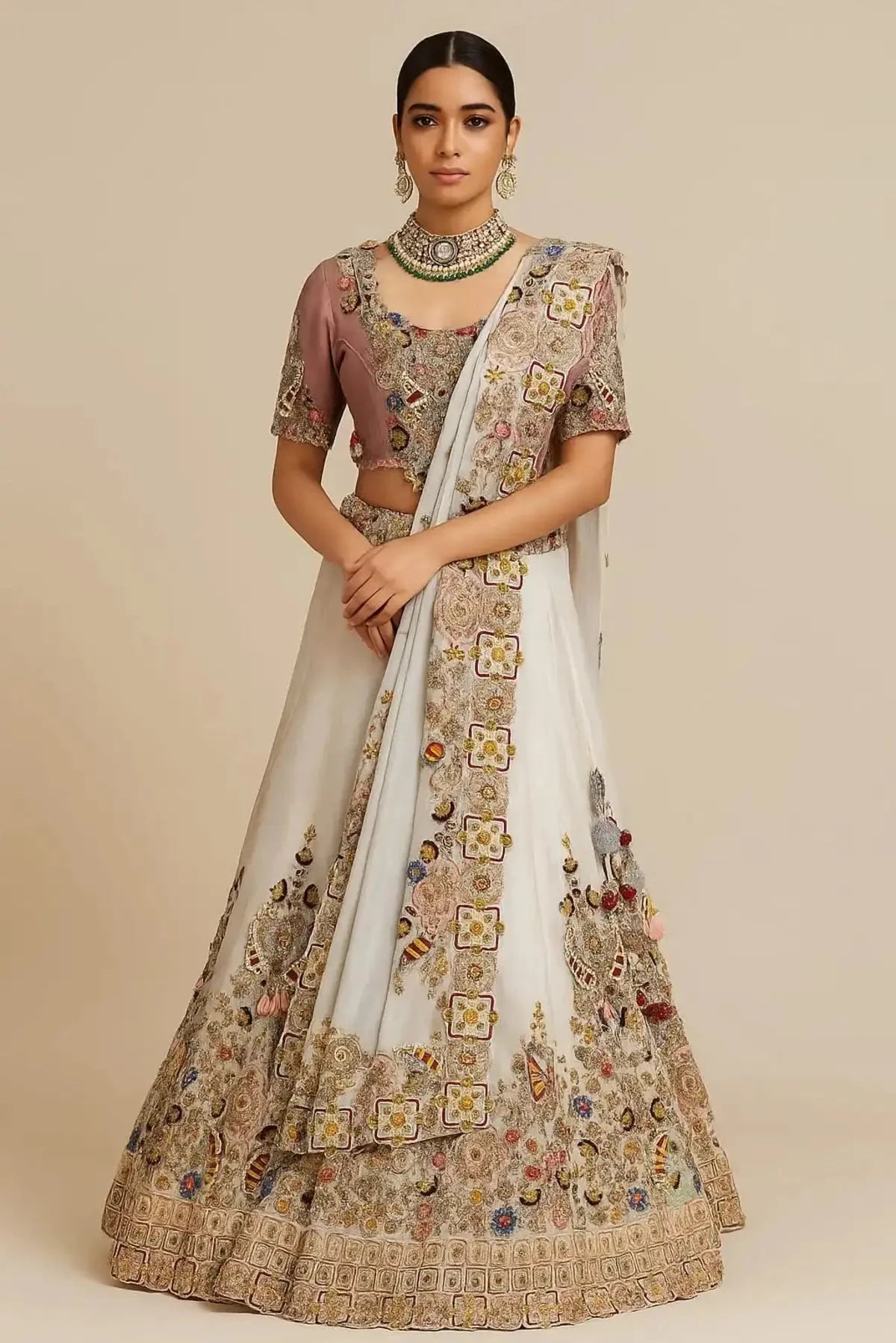 Ivory Lehenga With Contrast Blouse Dupatta - Pallodstore